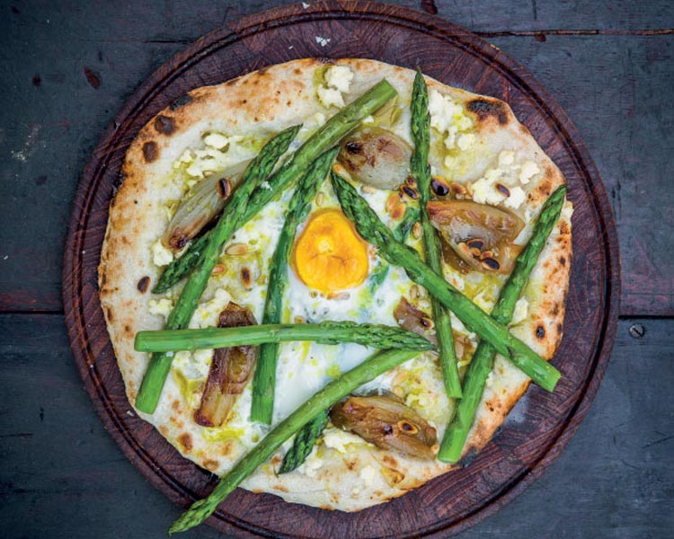 Alan Brown's Asparagus, Shallot, Feta and Egg Pizza