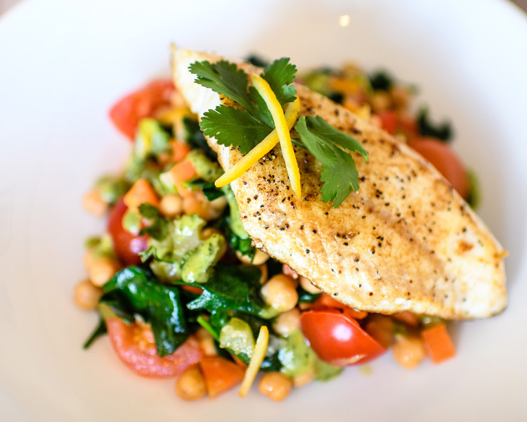Chocolate Fish Cafe's Spiced Chickpea Salad with Fillet of Terakihi & Homemade Vinegarette