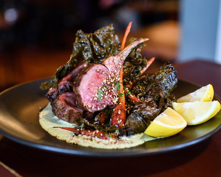 The Larder's Spring Lamb Rack with Minted Labne & Stuffed Vine Leaves