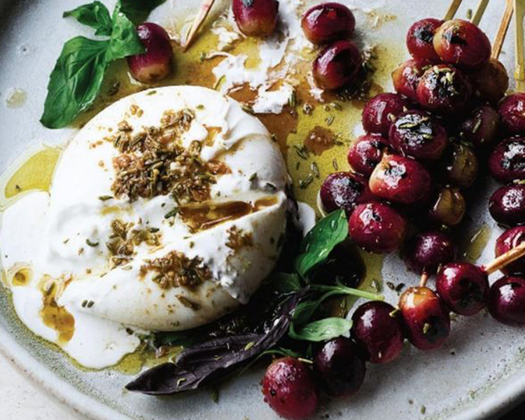 Ottolenghi's Burrata  with Grilled Grapes & Basil