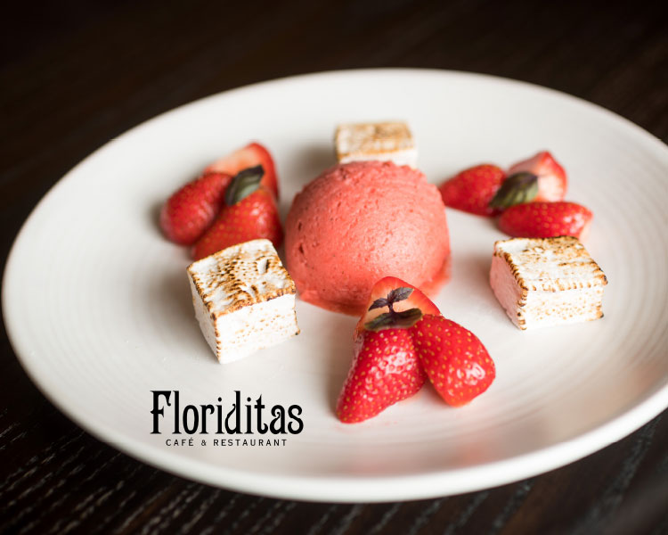Floriditas Strawberry Basil Sorbet with Strawberry Marshmallow & Macerated Strawberries