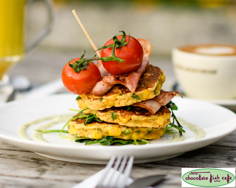 The Chocolate Fish Cafe Corn Fritters with Minted Yoghurt Sauce