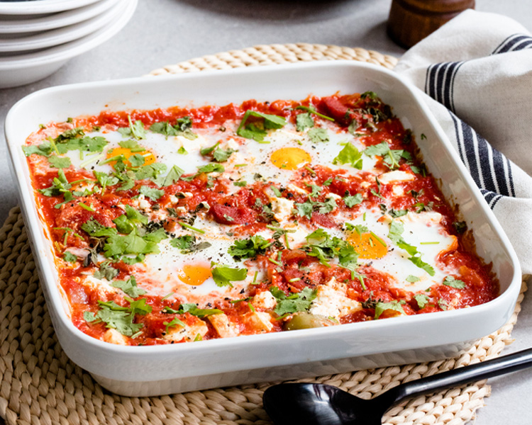 Wairarapa Eggs Tomato, Chorizo, Feta & Egg Bake