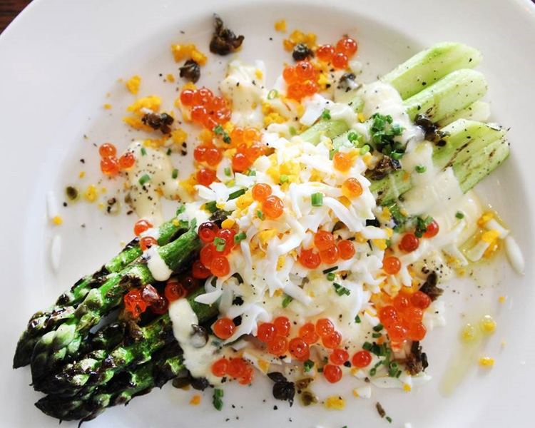 Grilled Asparagus, Grated Soft-boil Egg, Salmon Roe and Crispy Capers by Tom Hutchison