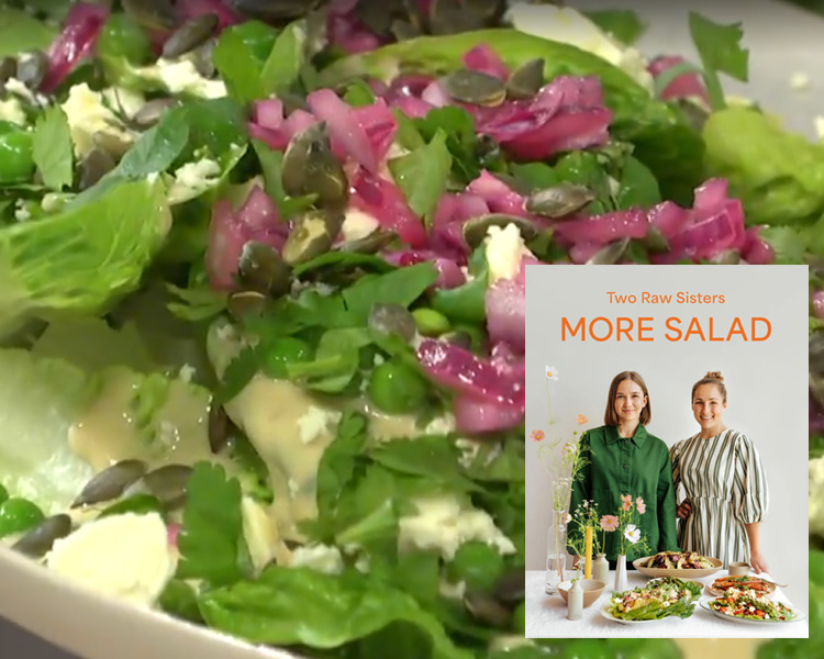 Two Raw Sister's Cos lettuce with avocado, pickled onions and dijon tahini