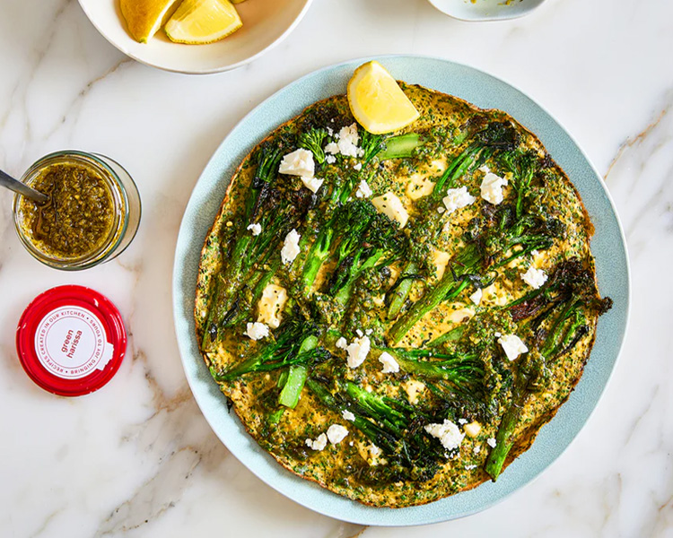 Tenderstem broccoli and green harissa stove-top frittata